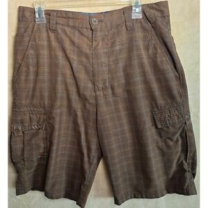 Micros Mens Brown Plaid Cargo Shorts Size 32 Cotton Blend Multi-Pocket. 764